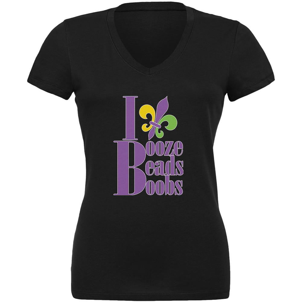 Mardi Gras Booze Beads Boobs Black Juniors V-Neck T-Shirt Juniors T-Shirts Old Glory LG Multi