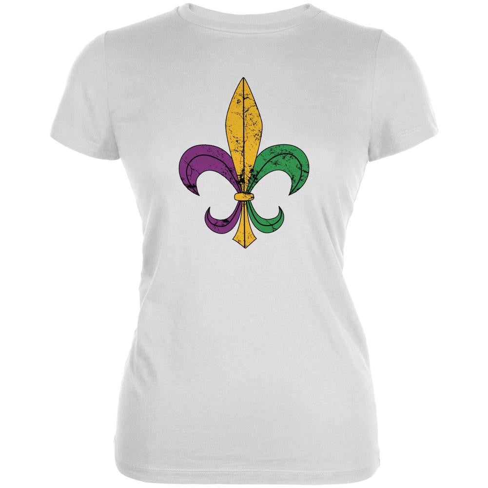 Mardi Gras Fleur De Lis Distressed White Juniors Soft T-Shirt Juniors T-Shirts Old Glory 2XL White