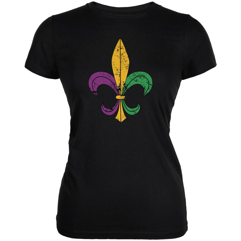 Mardi Gras Fleur De Lis Distressed Black Juniors Soft T-Shirt Juniors T-Shirts Old Glory 2XL Black