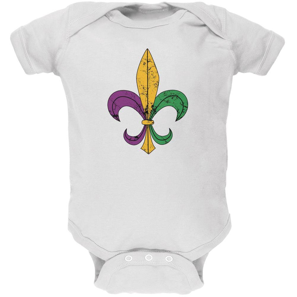 Mardi Gras Fleur De Lis Distressed White Soft Baby One Piece Baby One Piece Old Glory 0-3M White