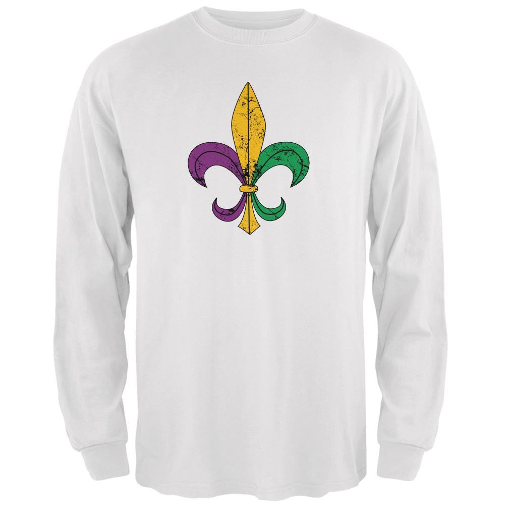 Mardi Gras Fleur De Lis Distressed White Adult Long Sleeve T-Shirt Men's Long Sleeves Old Glory 2XL White