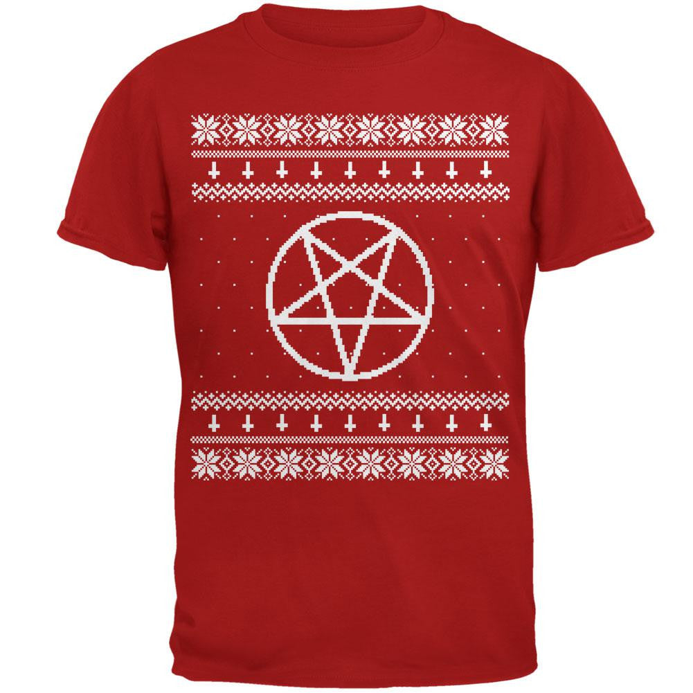 White Satanic Pentagram Ugly Christmas Sweater Red Adult T-Shirt Men's T-Shirts Old Glory 2XL Red