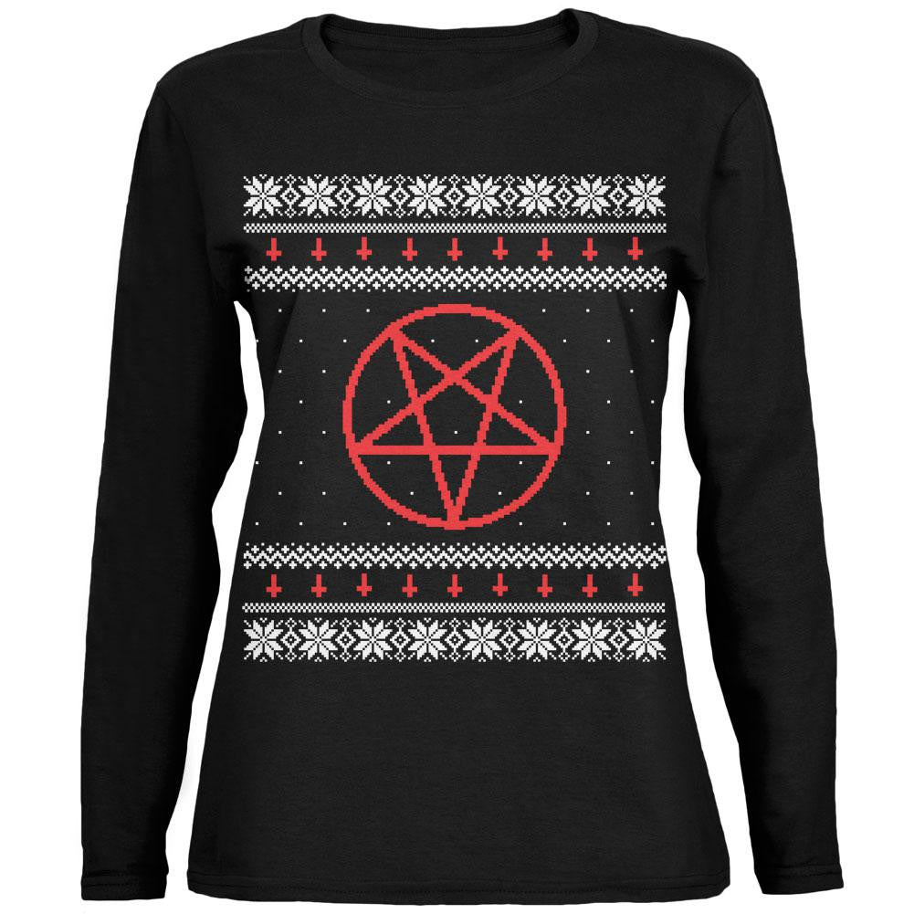 Satanic Pentagram Ugly Christmas Sweater Black Womens Long Sleeve T-Shirt Women's Long Sleeves Old Glory SM Black