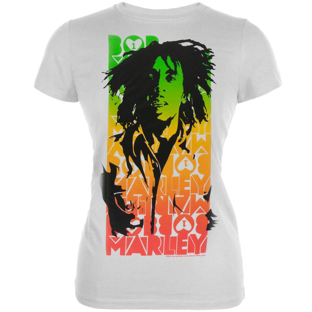 Bob Marley - Rasta Portrait Blocked Name Juniors T-Shirt Juniors T-Shirts Bob Marley SM White