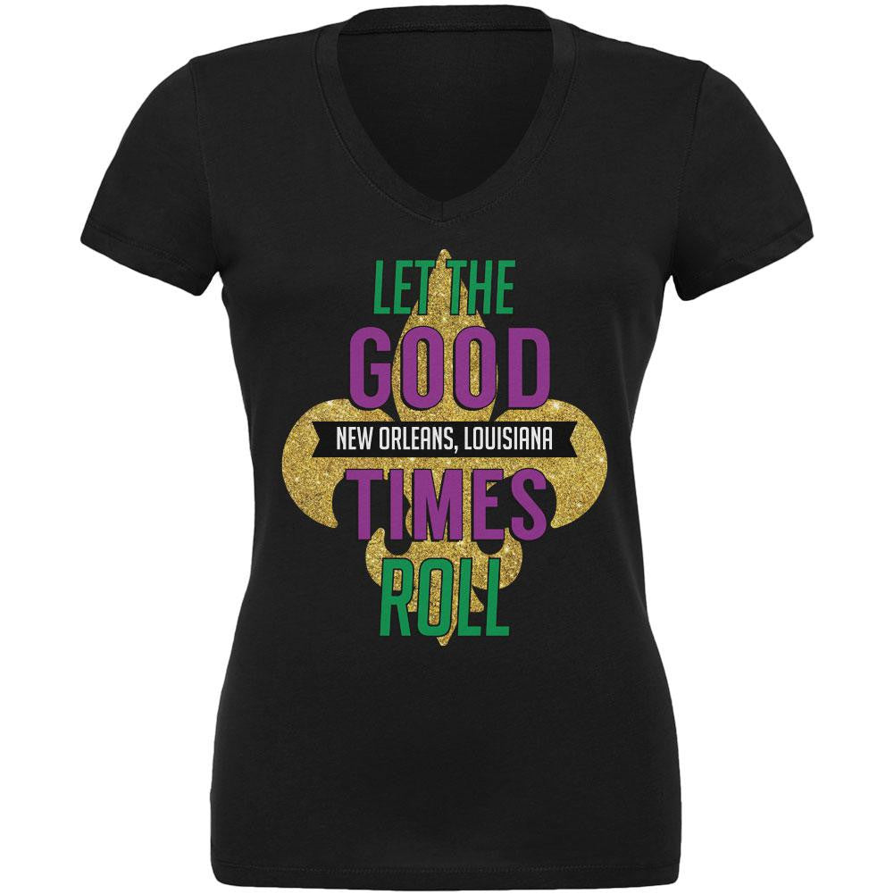 Mardi Gras Let the Good Times Roll Black Juniors V-Neck T-Shirt Juniors V-Neck T-Shirts Old Glory 2XL Black