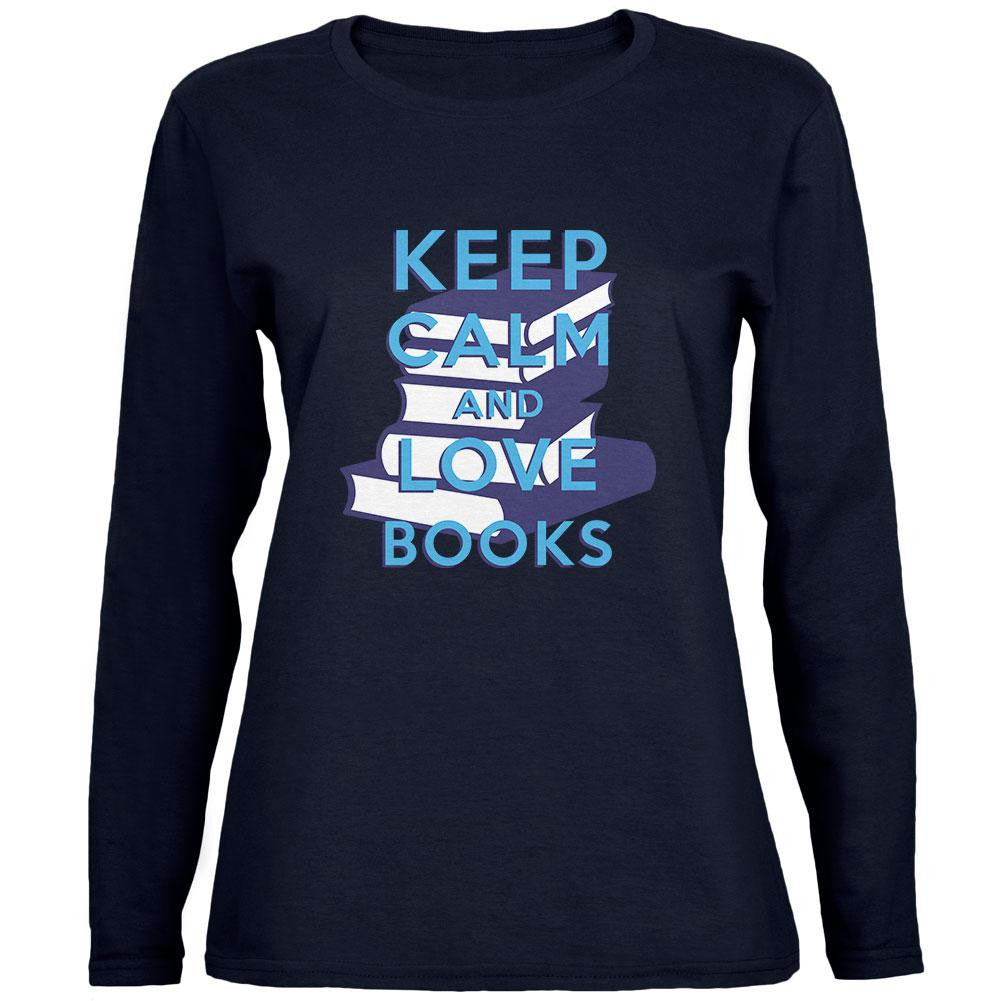 Keep Calm & Love Books Navy Womens Long Sleeve T-Shirt Women's Long Sleeves Old Glory SM Blue