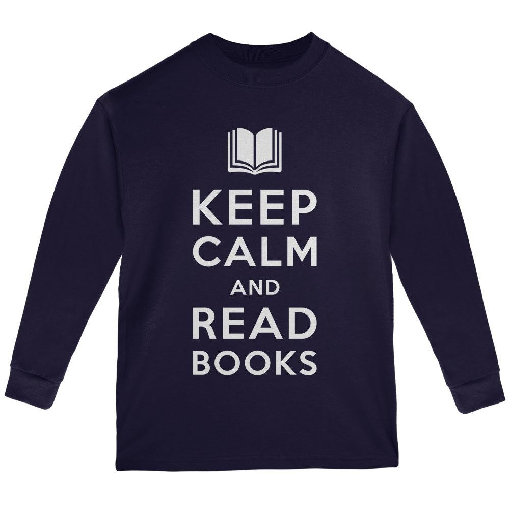 Keep Calm and Read Books Navy Youth Long Sleeve T-Shirt Youth Long Sleeves Old Glory SM Blue