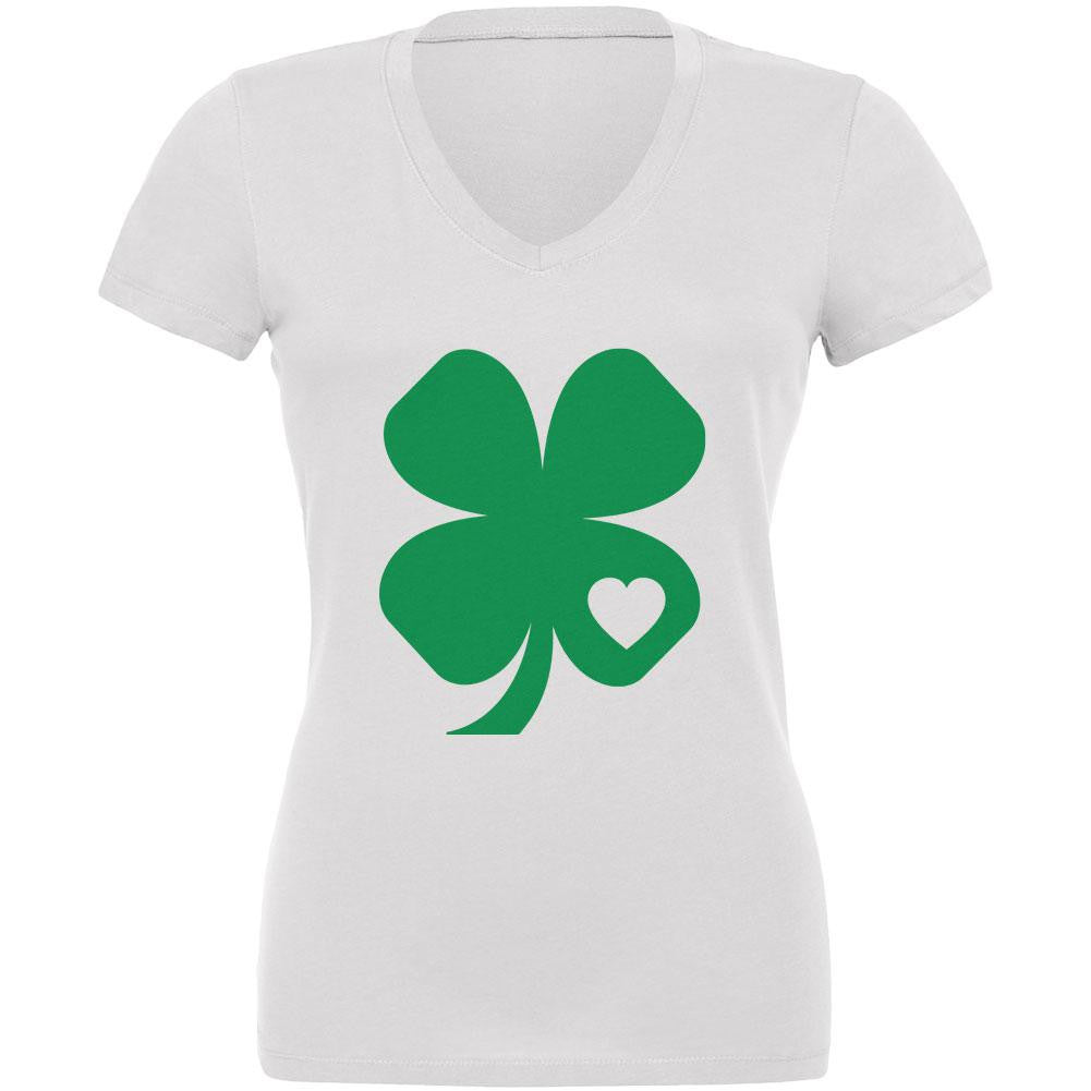 St. Patrick's Day Shamrock Heart White Juniors V-Neck T-Shirt Juniors V-Neck T-Shirts Old Glory
