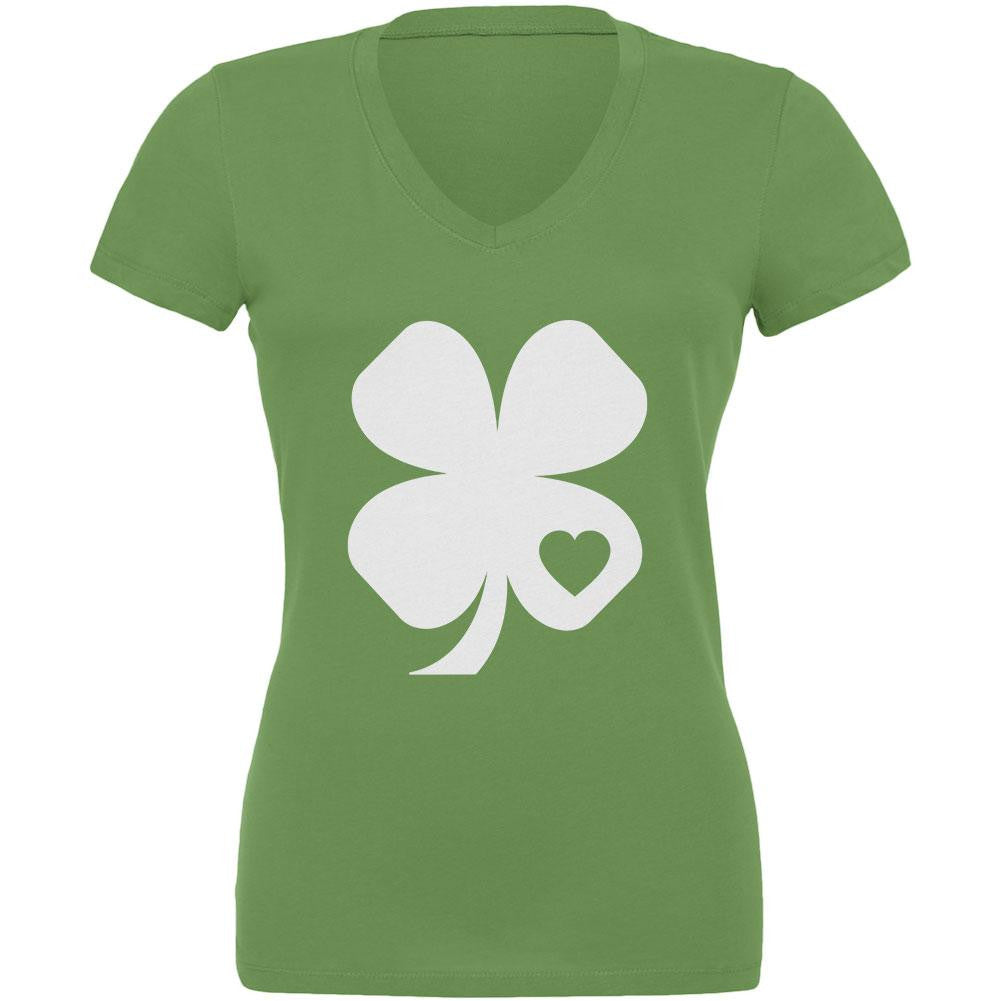 St. Patrick's Day Shamrock Heart White Juniors V-Neck T-Shirt Juniors V-Neck T-Shirts Old Glory
