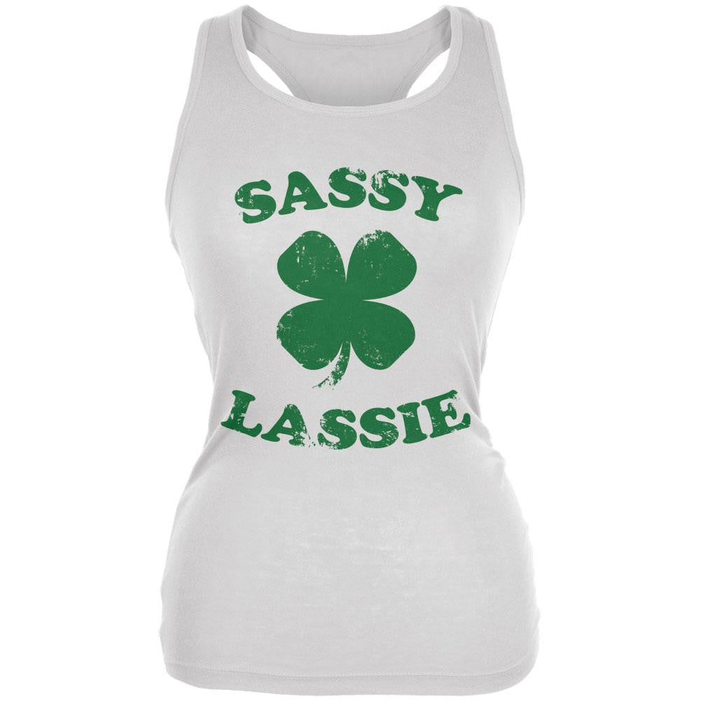 St. Patrick's Day Sassy Lassie White Juniors Soft Tank Top Juniors Tank Tops Old Glory 2XL White