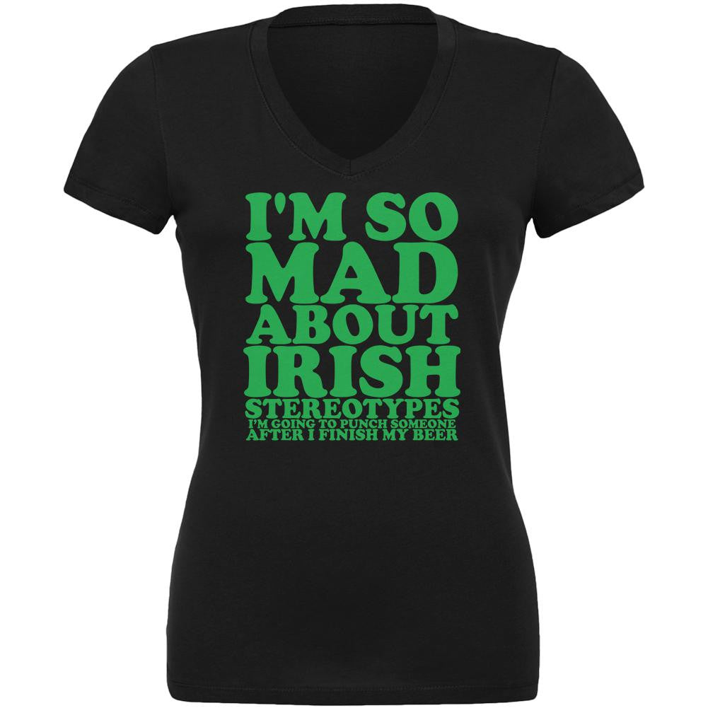 St Patricks Mad About Irish Stereotypes Black Juniors V-Neck T-Shirt Juniors V-Neck T-Shirts Old Glory 2XL Black