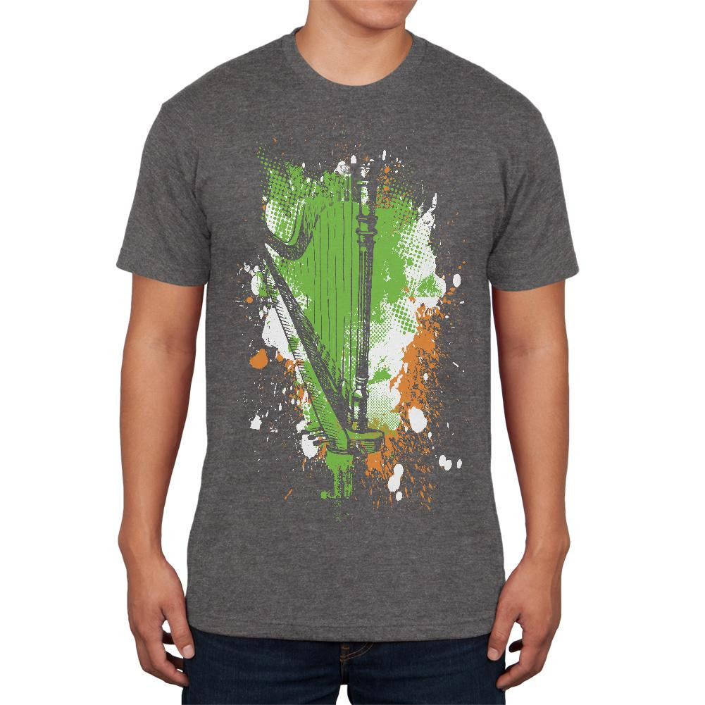 St Patricks Irish Harp Splatter Charcoal Heather Adult Soft T-Shirt Men's T-Shirts Old Glory 2XL Grey