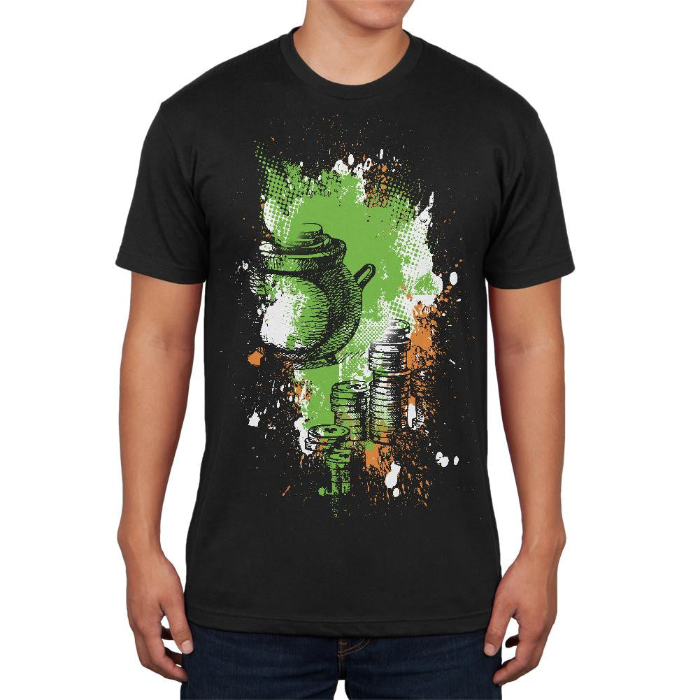 St Patricks Pot of Gold Splatter Black Adult Soft T-Shirt Men's T-Shirts Old Glory 2XL Black
