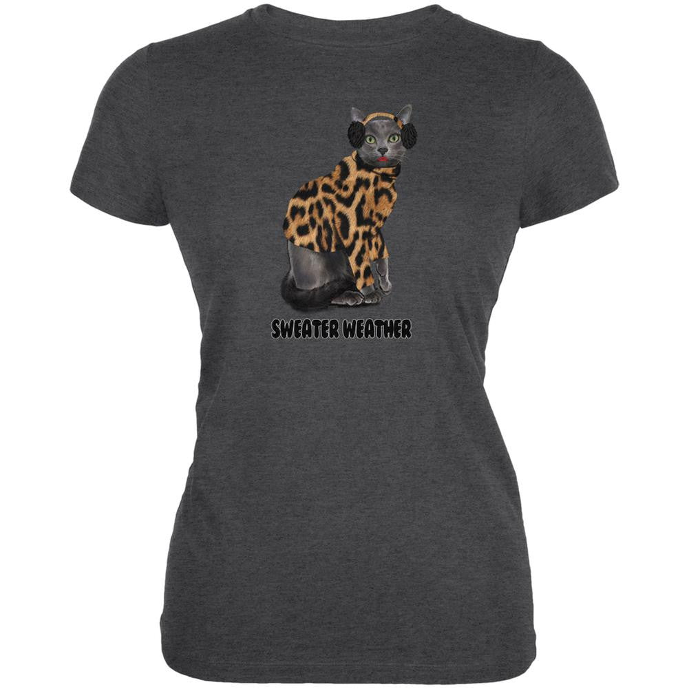 Sweater Weather Cat Juniors Soft Dark Heather Grey T-Shirt Juniors T-Shirts Old Glory SM