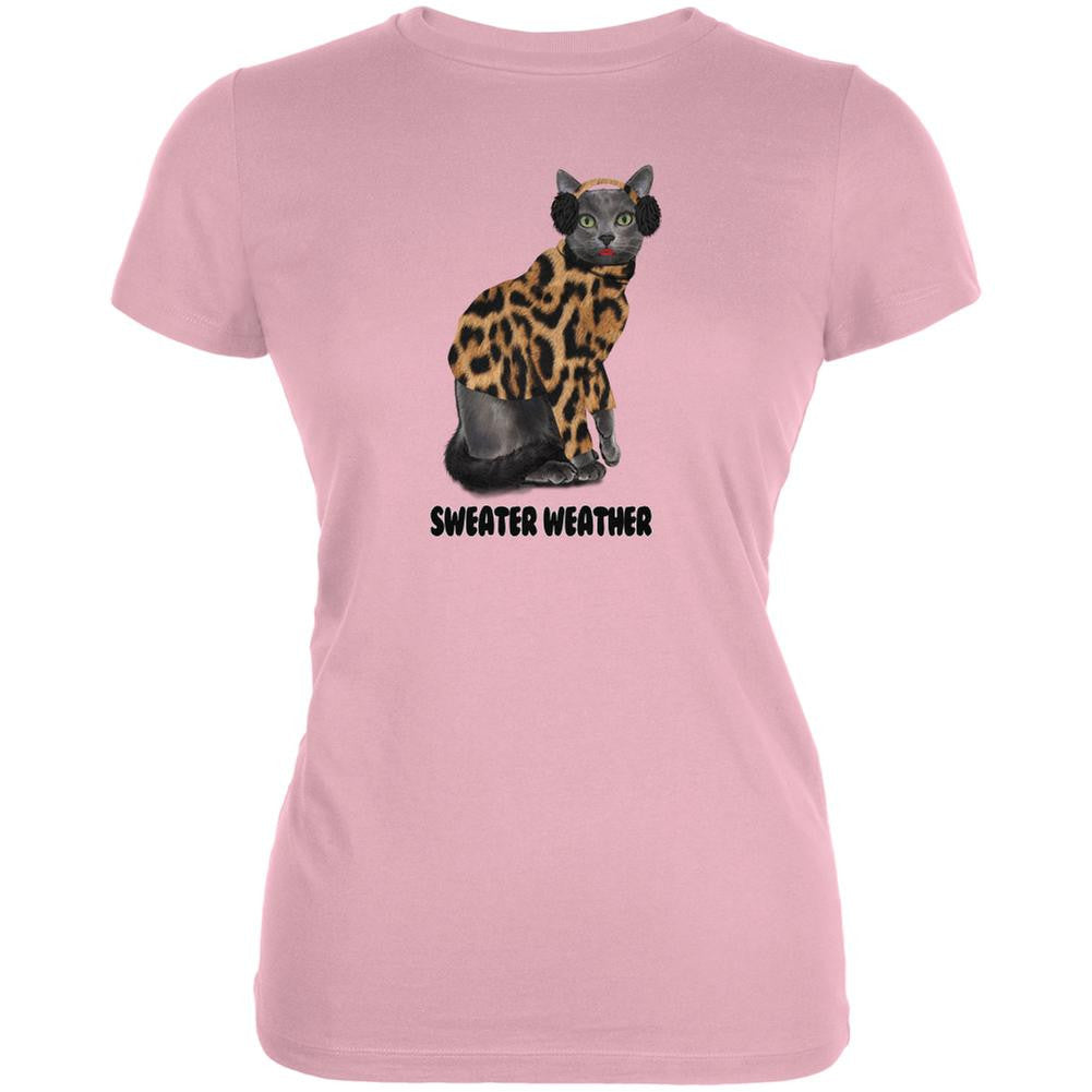 Sweater Weather Cat Juniors Soft Pink T-Shirt Juniors T-Shirts Old Glory SM