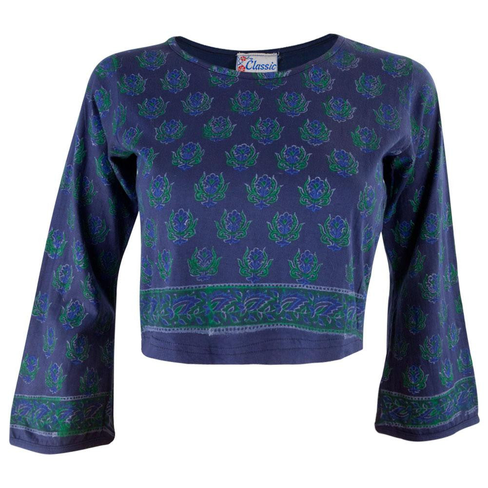 Flowers Navy Juniors Crop Long Sleeve T-Shirt Juniors Long Sleeves Old Glory
