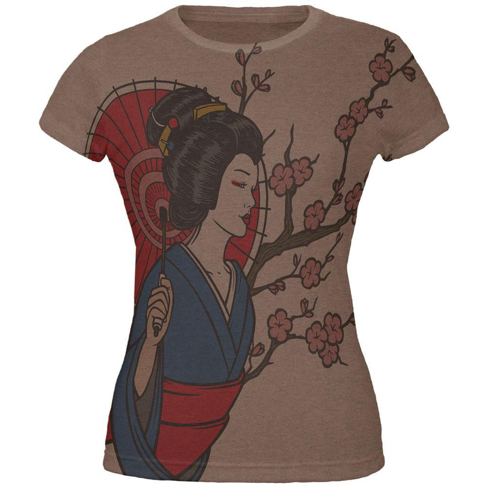 Geisha Blossom All Over Heather Brown Juniors Soft T-Shirt Juniors T-Shirts Old Glory 2XL Brown