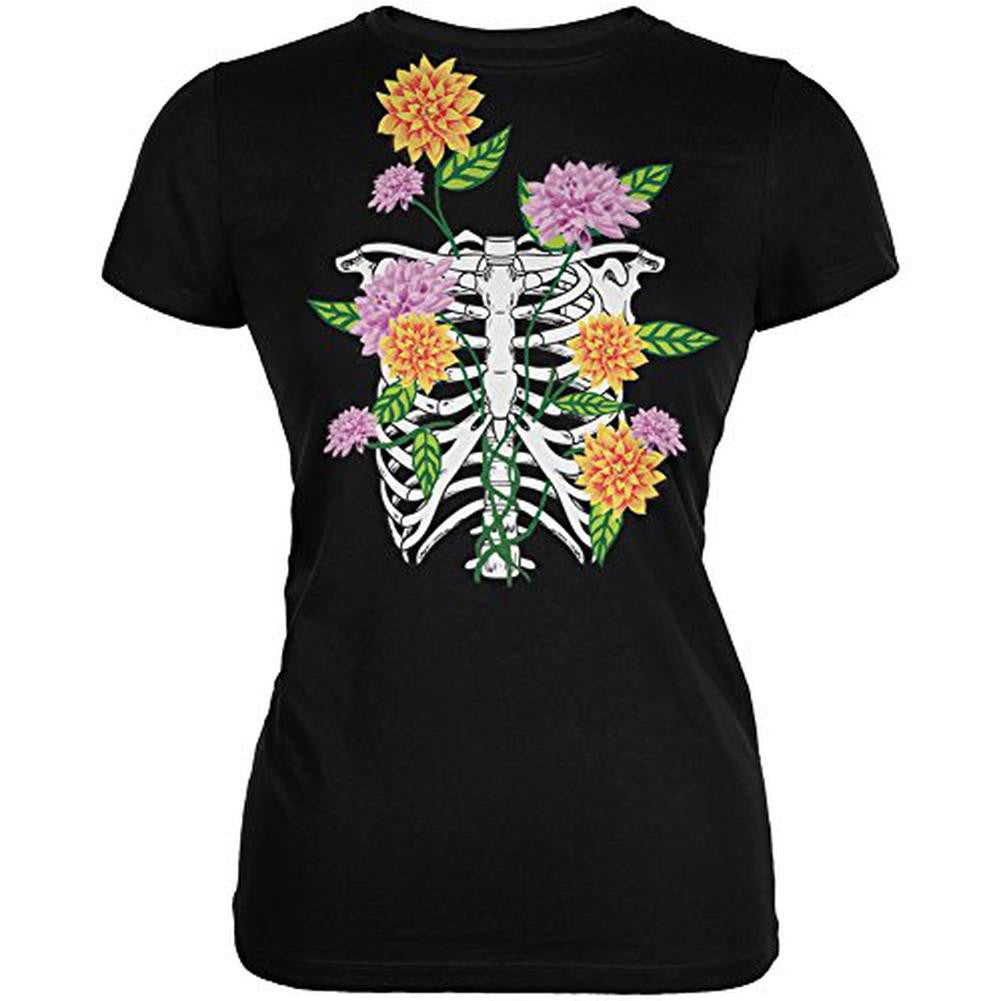 Bones And Flowers Black Juniors Soft T-Shirt Juniors T-Shirts Old Glory 2XL Black
