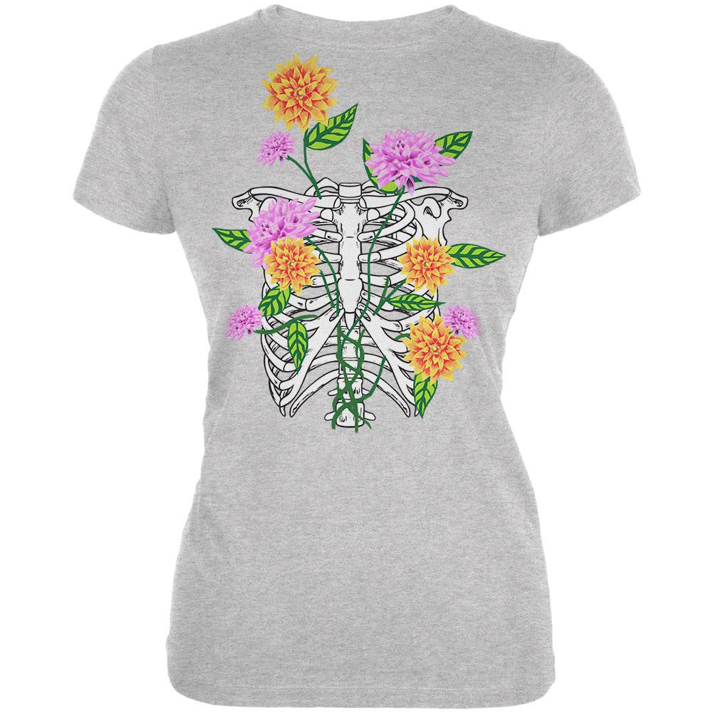 Bones And Flowers Heather Grey Juniors Soft T-Shirt Juniors T-Shirts Old Glory 2XL Grey
