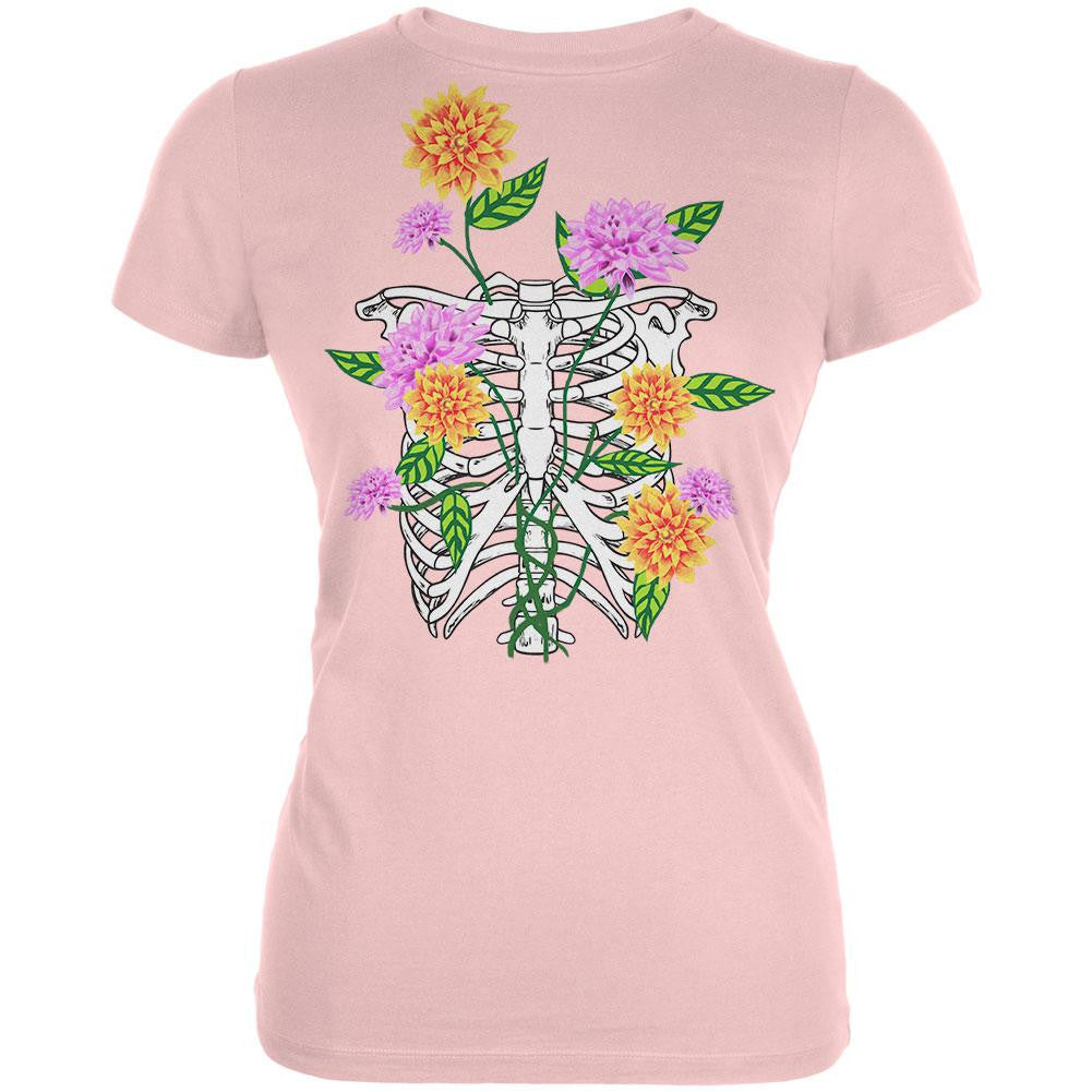Bones And Flowers Pink Juniors Soft T-Shirt Juniors T-Shirts Old Glory 2XL Pink