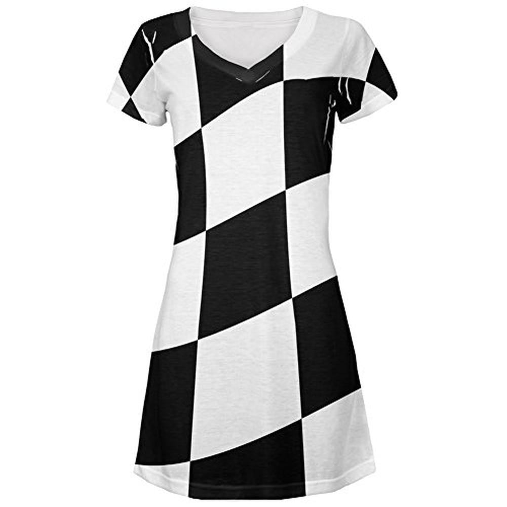 Finish Line Checkered Flag Wave All Over Juniors V-Neck Dress Juniors Dresses Old Glory LG Multi