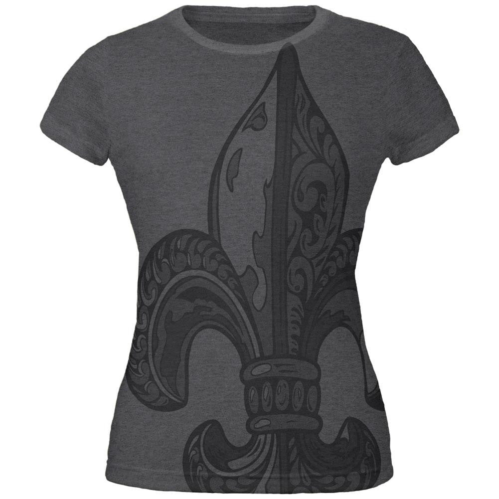 Mardi Gras Ornate Fleur-de-lis All Over Dark Heather Juniors Soft T-Shirt Juniors T-Shirts Old Glory 2XL Grey