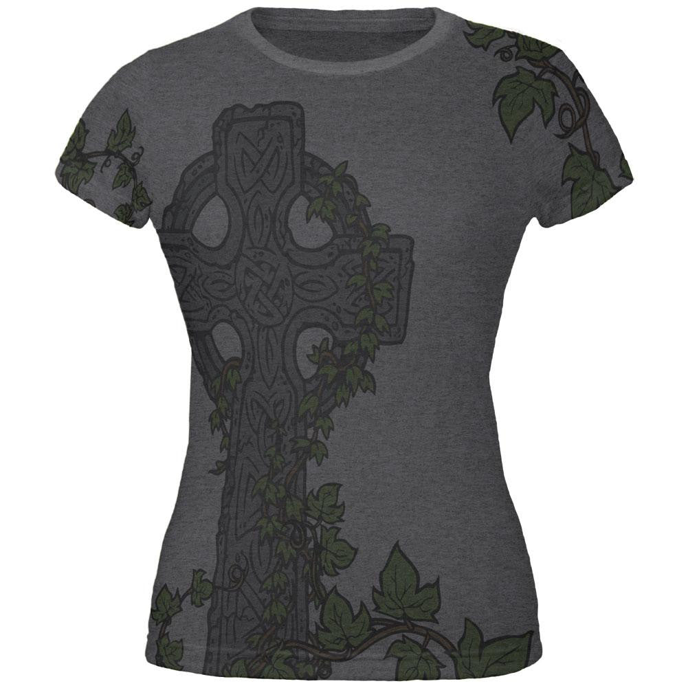 St. Patricks Day Celtic Cross Ivy All Over Dark Heather Juniors Soft T-Shirt Juniors T-Shirts Old Glory SM Grey