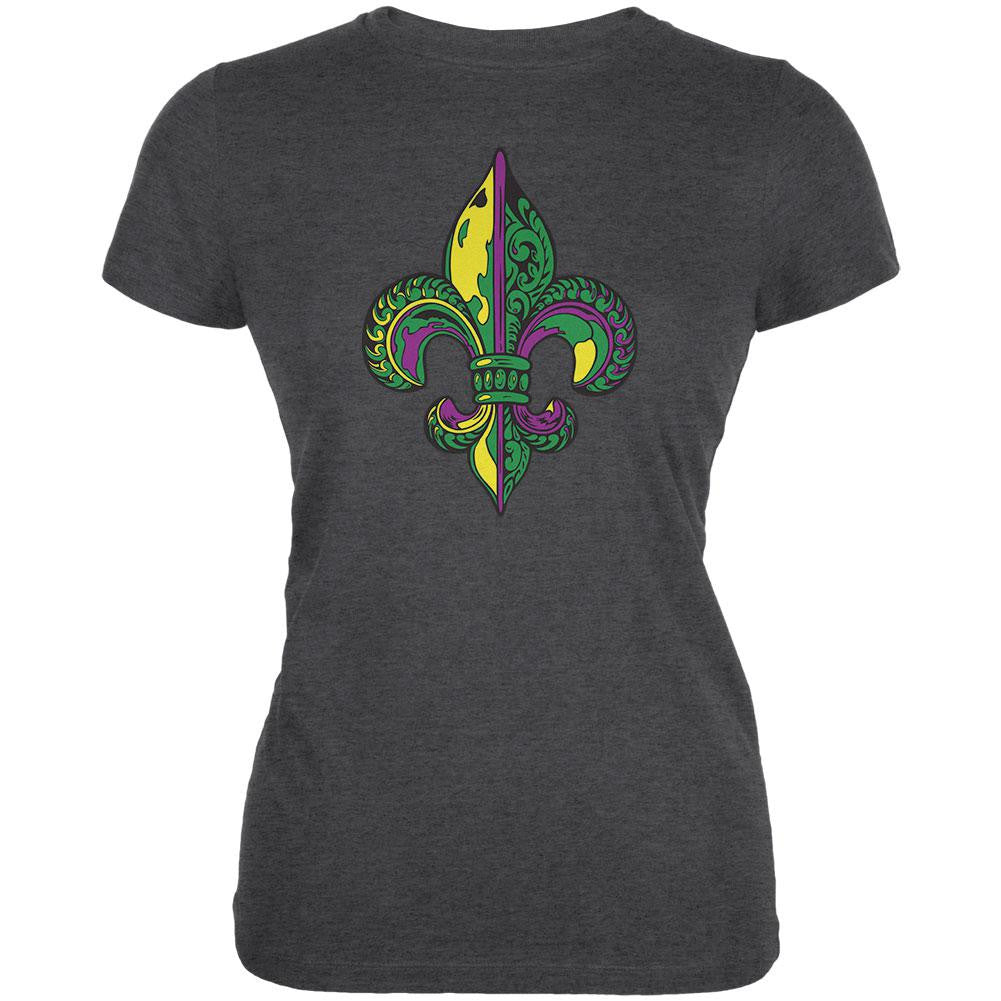 Mardi Gras Ornate Colorful Fleur-de-Lis Dark Heather Juniors Soft T-Shirt Juniors T-Shirts Old Glory 2XL Grey