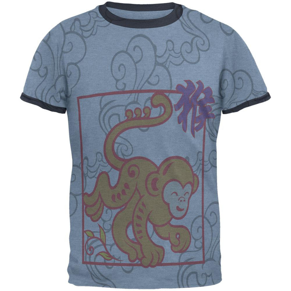 Chinese New Year Monkey All Over Heather Blue-Navy Men's Ringer T-Shirt Men's T-Shirts Old Glory 2XL Multi