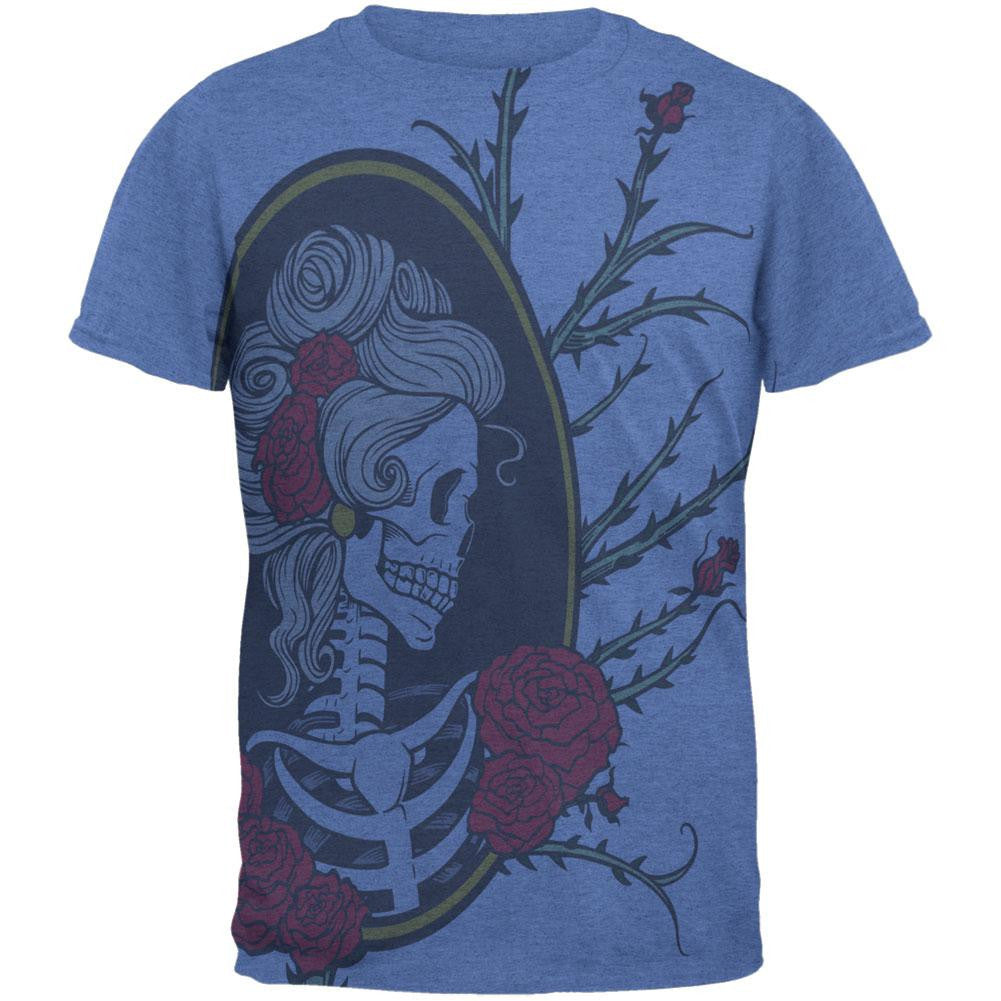 Lovely Rose Skeleton All Over Heather Blue Adult T-Shirt Men's T-Shirts Old Glory 2XL Blue