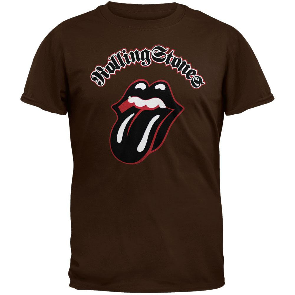 Rolling Stones - Flocked Tongue Brown Soft Adult T-Shirt Men's T-Shirts Rolling Stones MD Brown
