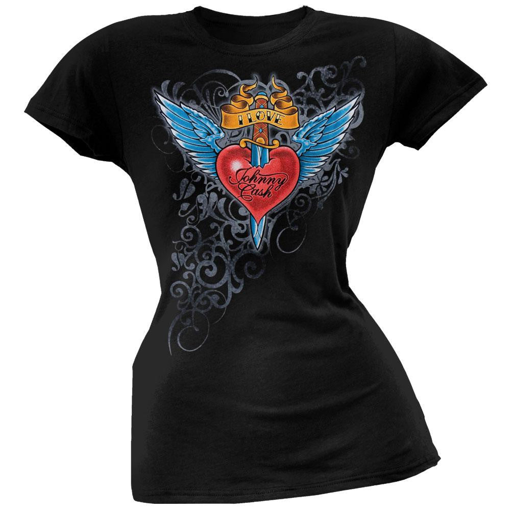 Johnny Cash - Heart Black Juniors T-Shirt Juniors T-Shirts Johnny Cash SM Black