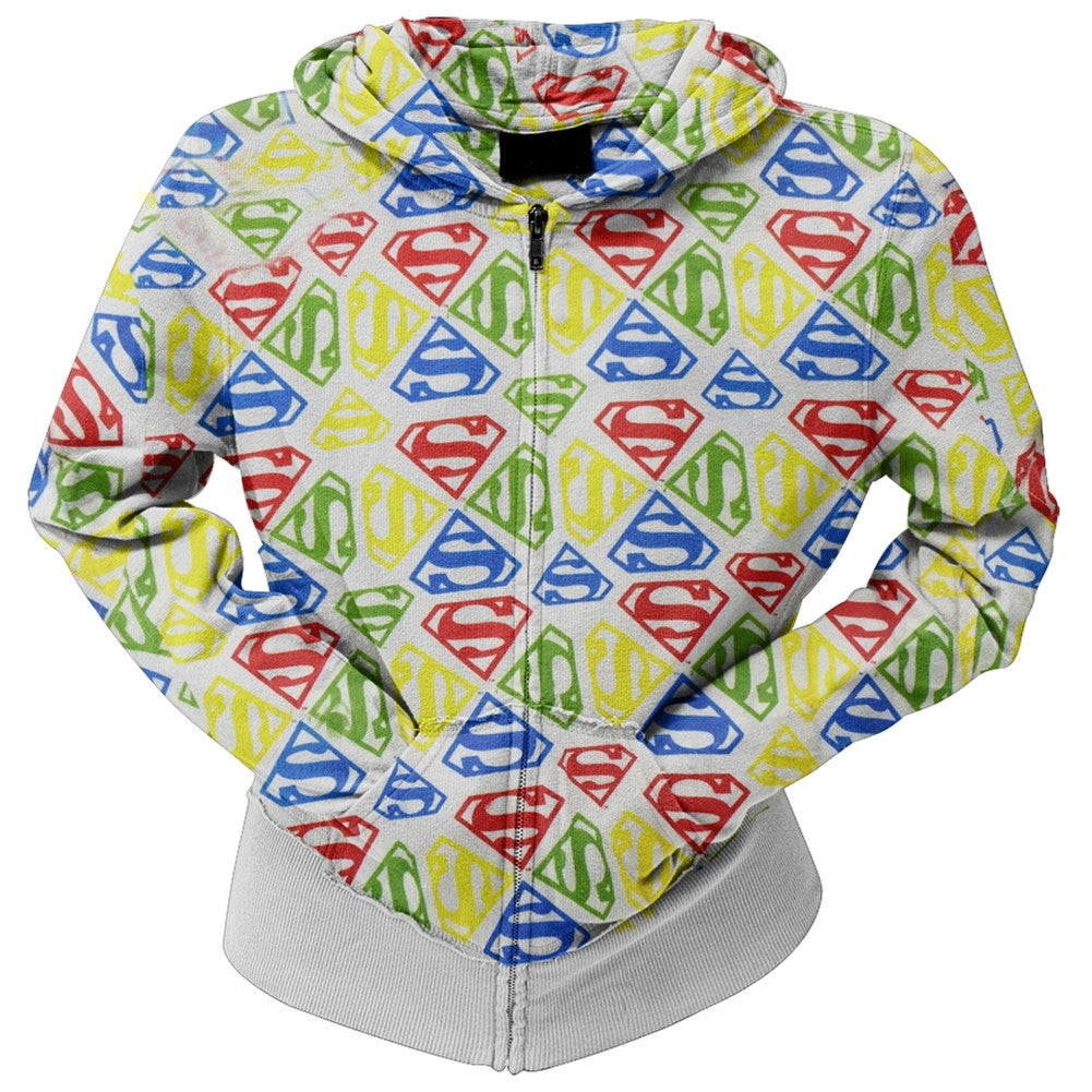 Superman - All-Over Logo Juniors Zip Hoodie Juniors Hoodies Superman SM White