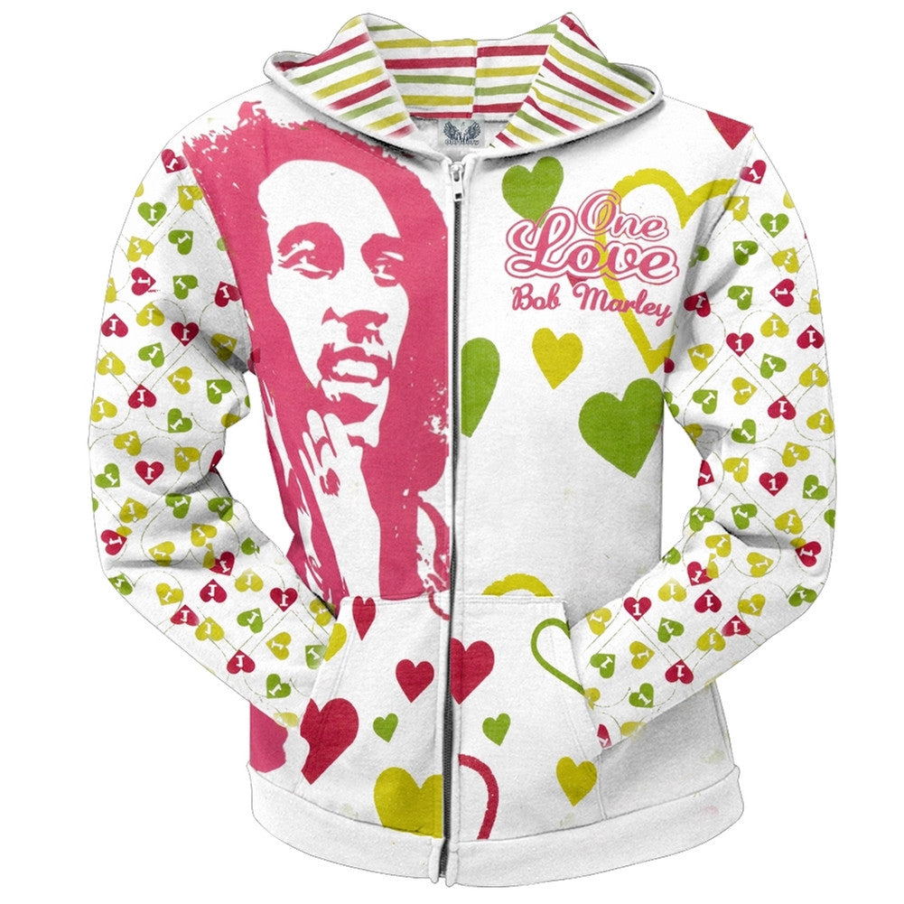Bob Marley One Love Hearts All Over Juniors Zip Hoodie Juniors Hoodies Bob Marley SM White