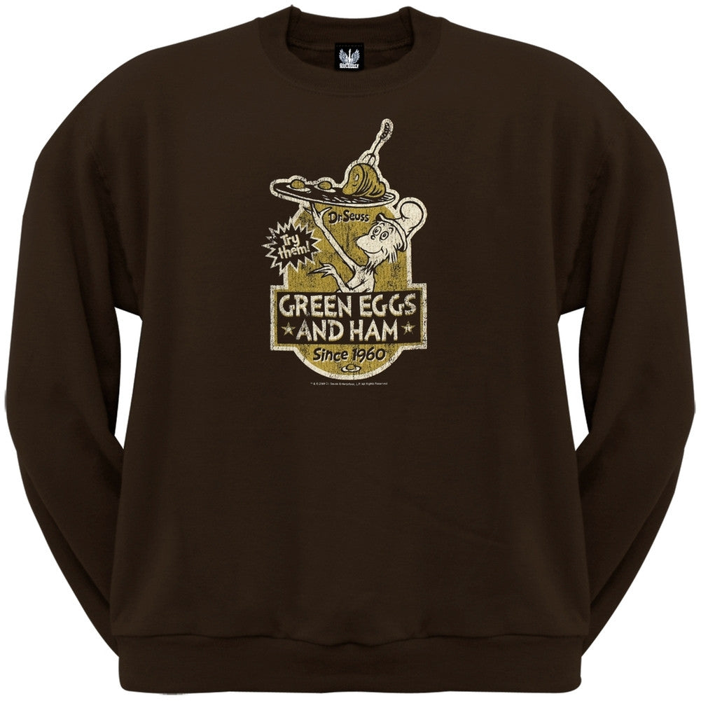 Dr. Seuss - Green Eggs Label Crew Neck Sweatshirt Men's Sweatshirts Dr. Seuss SM Brown