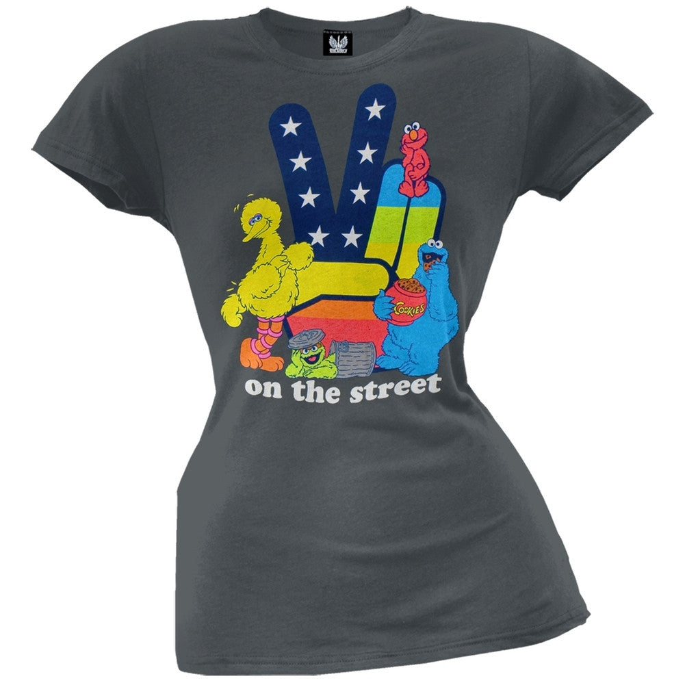 Sesame Street Peace On The Streets Juniors T Shirt Juniors T-Shirts Sesame Street SM Grey