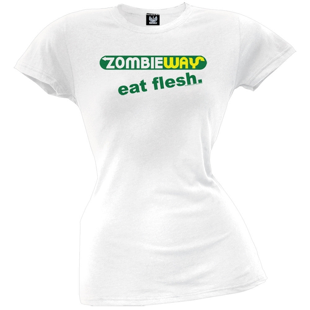 Zombie Way Eat Flesh Juniors T-Shirt Juniors T-Shirts Old Glory 2XL White