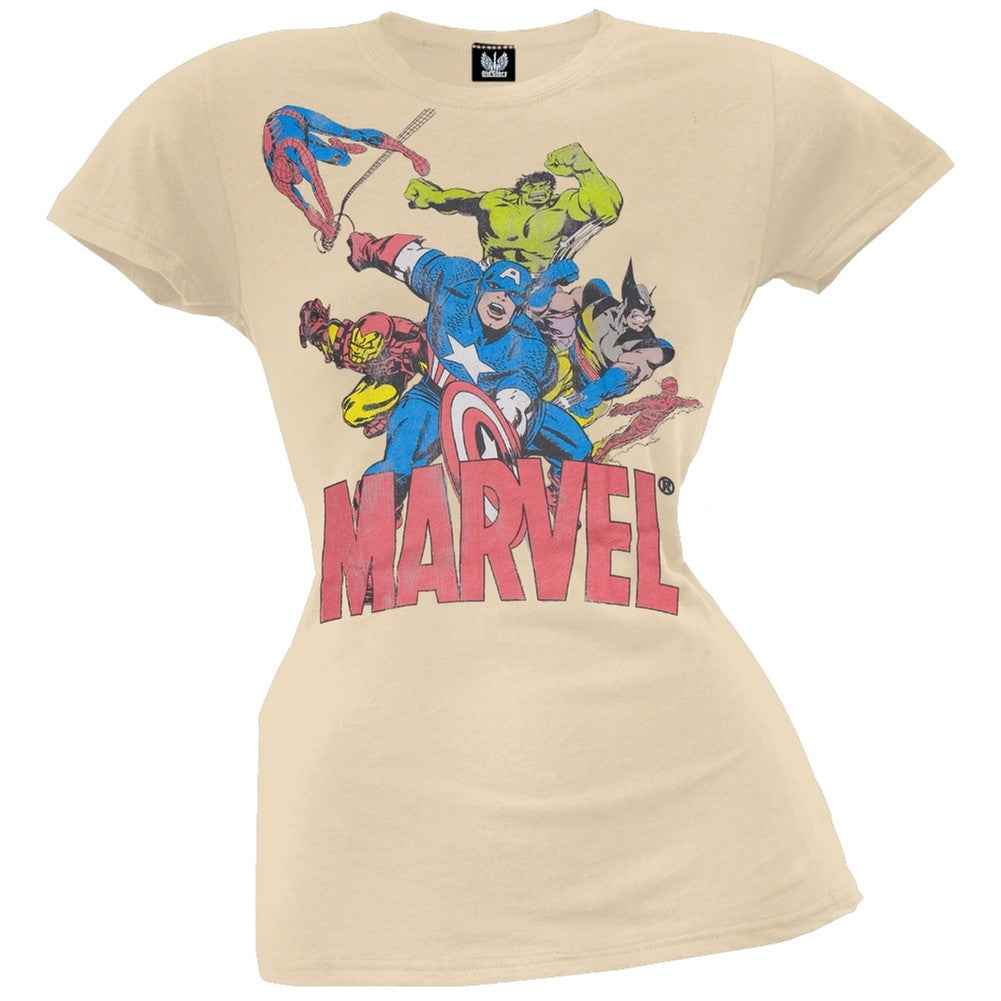 Marvel - 6 Heroes Tan Juniors T-Shirt Juniors T-Shirts Marvel