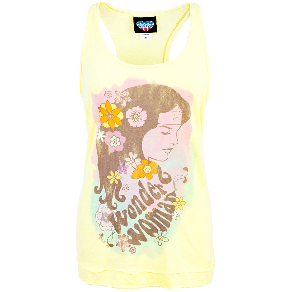 Wonder Woman - Flowers Slub Ruffle Juniors Tank Top Juniors Tank Tops Wonder Woman
