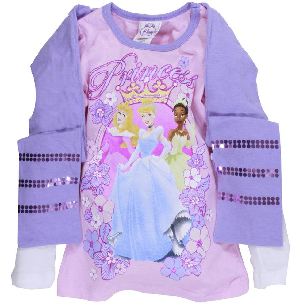 Disney Princesses - Garden Trio Girls Juvy 2Fer Long Sleeve T-Shirt with Scarf Juvenile Long Sleeves Disney Princesses LG Purple