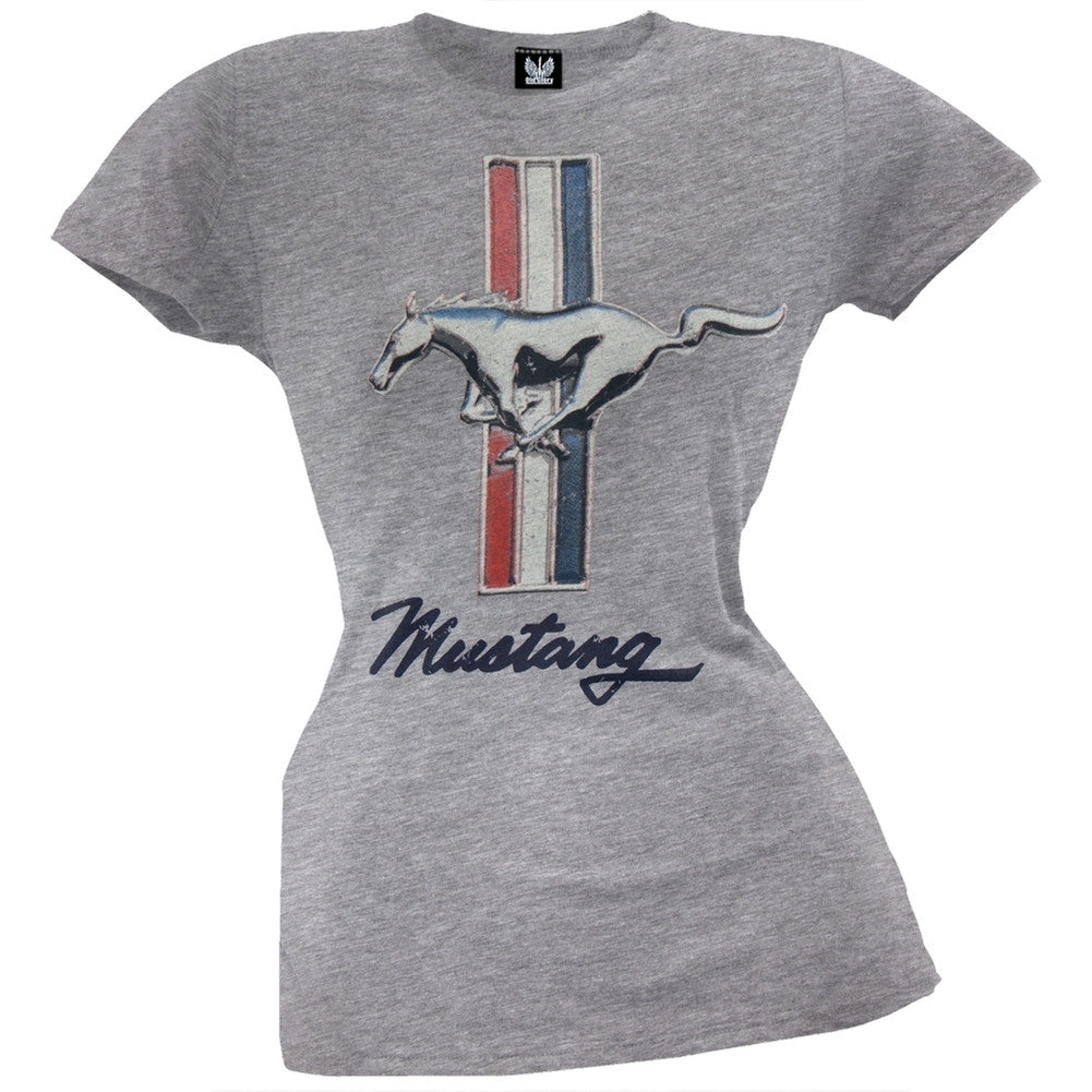 Ford - Vintage Mustang Logo Grey Juniors T-Shirt Juniors T-Shirts Ford