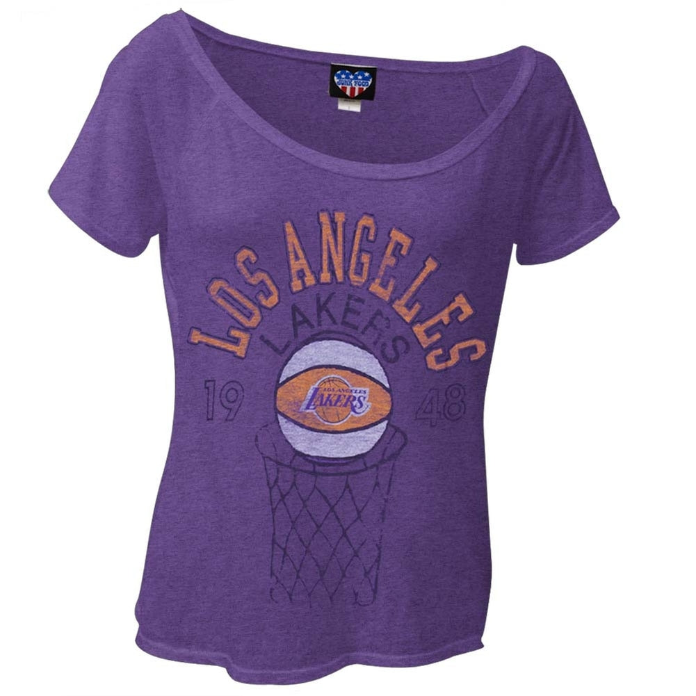 Los Angeles Lakers - 1948 Net Logo Juniors Off-Shoudler T-Shirt Juniors T-Shirts Los Angeles Lakers LG Purple