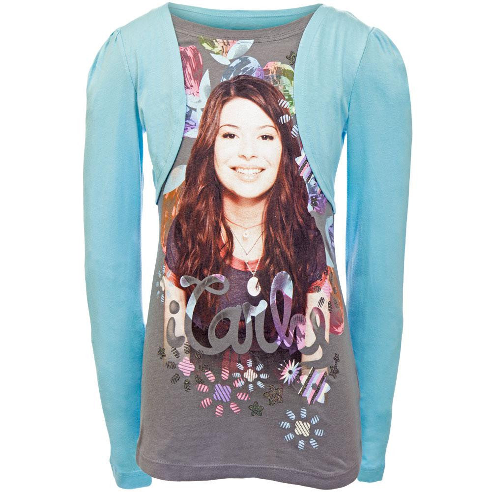 iCarly - Smile Girls Youth 2fer Long Sleeve T-Shirt Youth Long Sleeves iCarly LG Grey