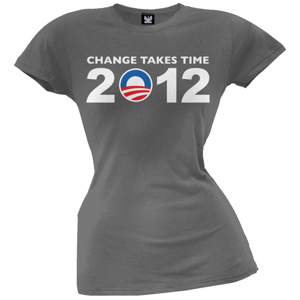 Obama - 2012 Change Takes Time Grey Juniors T-Shirt Juniors T-Shirts Old Glory