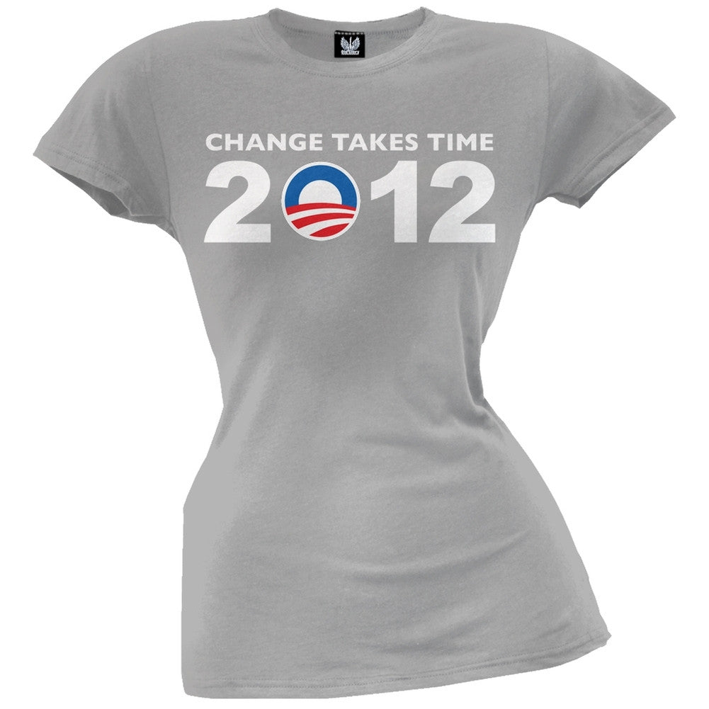 Obama - 2012 Change Takes Time Grey Juniors T-Shirt Juniors T-Shirts Old Glory