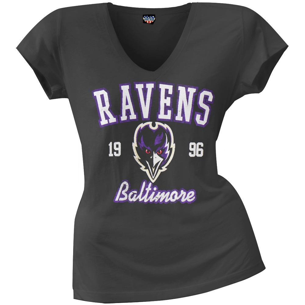 Baltimore Ravens - Flanker Logo Premium Juniors V-Neck T-Shirt Juniors T-Shirts Baltimore Ravens SM Black