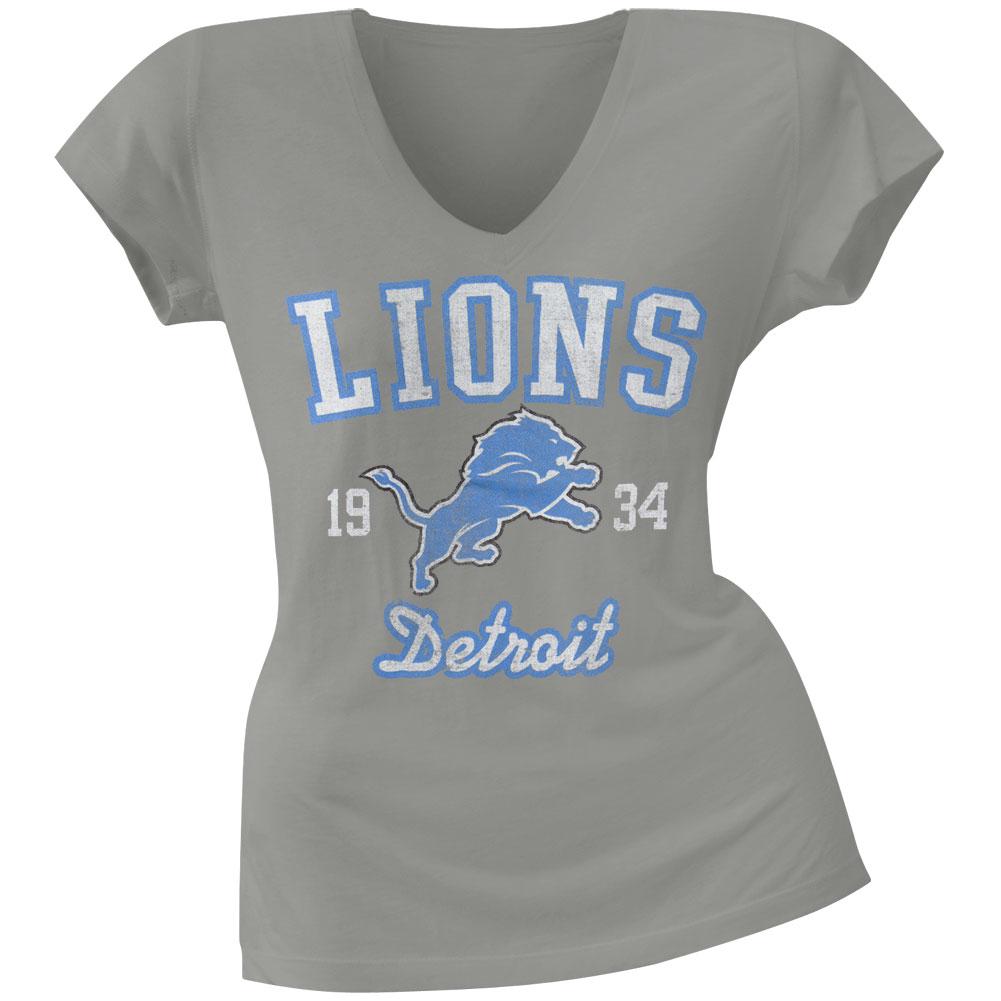 Detroit Lions - Flanker Logo Premium Juniors V-Neck T-Shirt Juniors T-Shirts Detroit Lions LG Grey