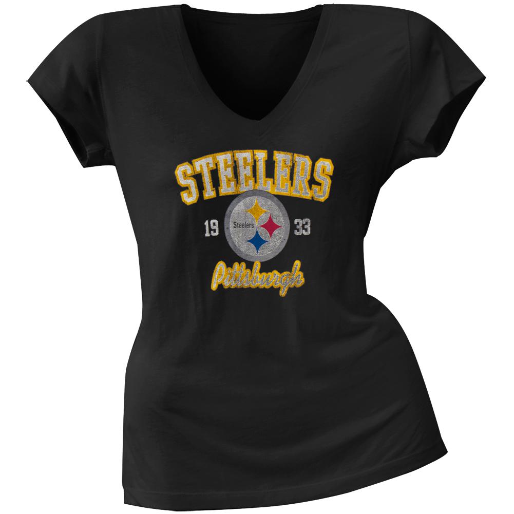 Pittsburgh Steelers - Flanker Logo Premium Juniors V-Neck T-Shirt Juniors T-Shirts Pittsburgh Steelers LG Black