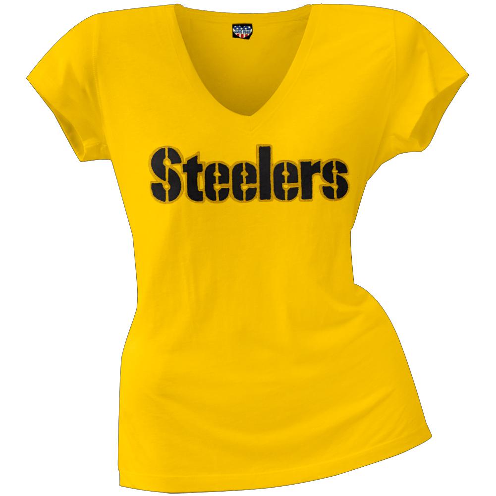 Pittsburgh Steelers - Showtime Premium Juniors V-Neck T-Shirt Juniors T-Shirts Pittsburgh Steelers LG Yellow
