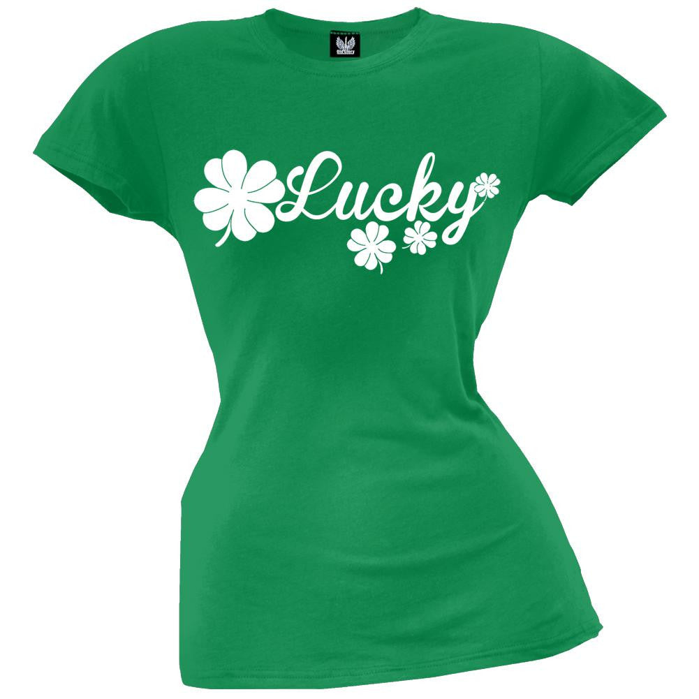 St. Patricks Day - Lucky Shamrocks Juniors Green T-Shirt Juniors T-Shirts Old Glory